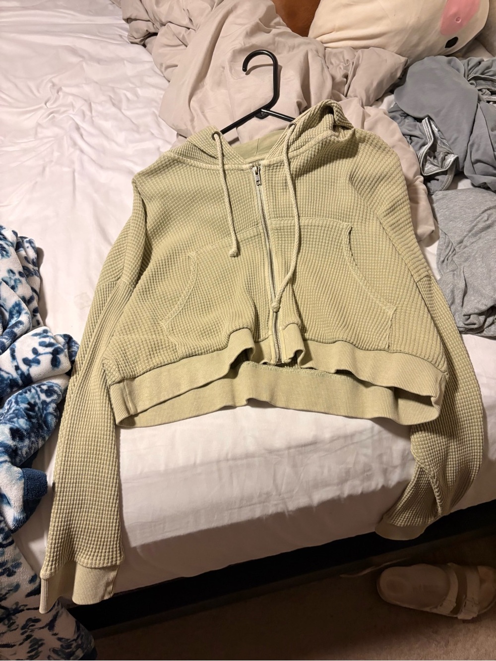 BDG Cropped Hooded Waffle Zip-Up - Sage Green